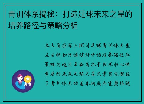 青训体系揭秘：打造足球未来之星的培养路径与策略分析